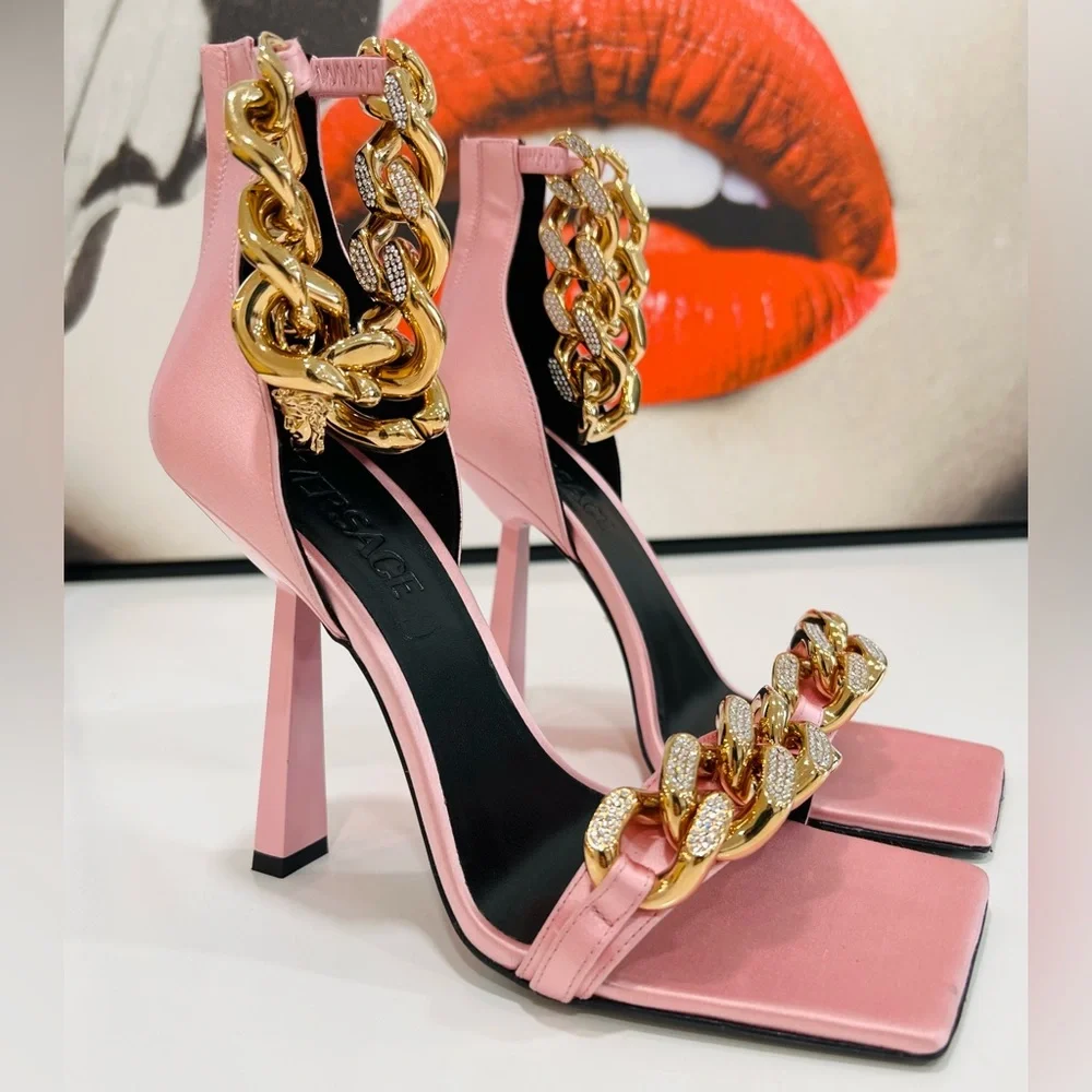 VERSACE Charm Crystal Chain High-Heel Sandals in PInk IT39/US9